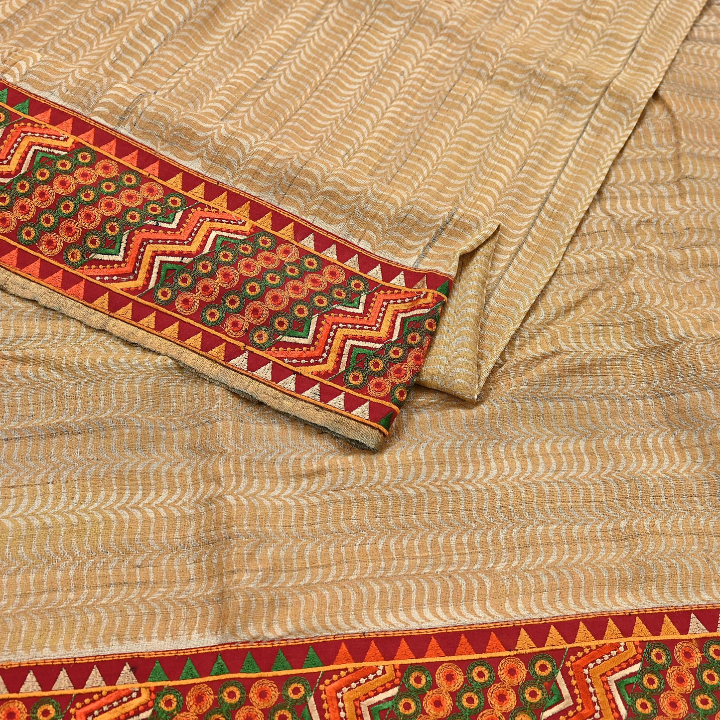 Indian Vintage Beige Saree Pure Khadi Silk Handloom Hand Beaded Sari Craft Fabric 5yd Ethnic Fringes Dress making Crafting Quilting