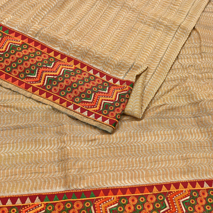 Indian Vintage Beige Saree Pure Khadi Silk Handloom Hand Beaded Sari Craft Fabric 5yd Ethnic Fringes Dress making Crafting Quilting