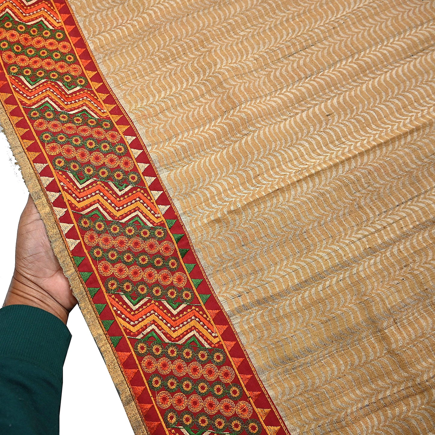 Indian Vintage Beige Saree Pure Khadi Silk Handloom Hand Beaded Sari Craft Fabric 5yd Ethnic Fringes Dress making Crafting Quilting