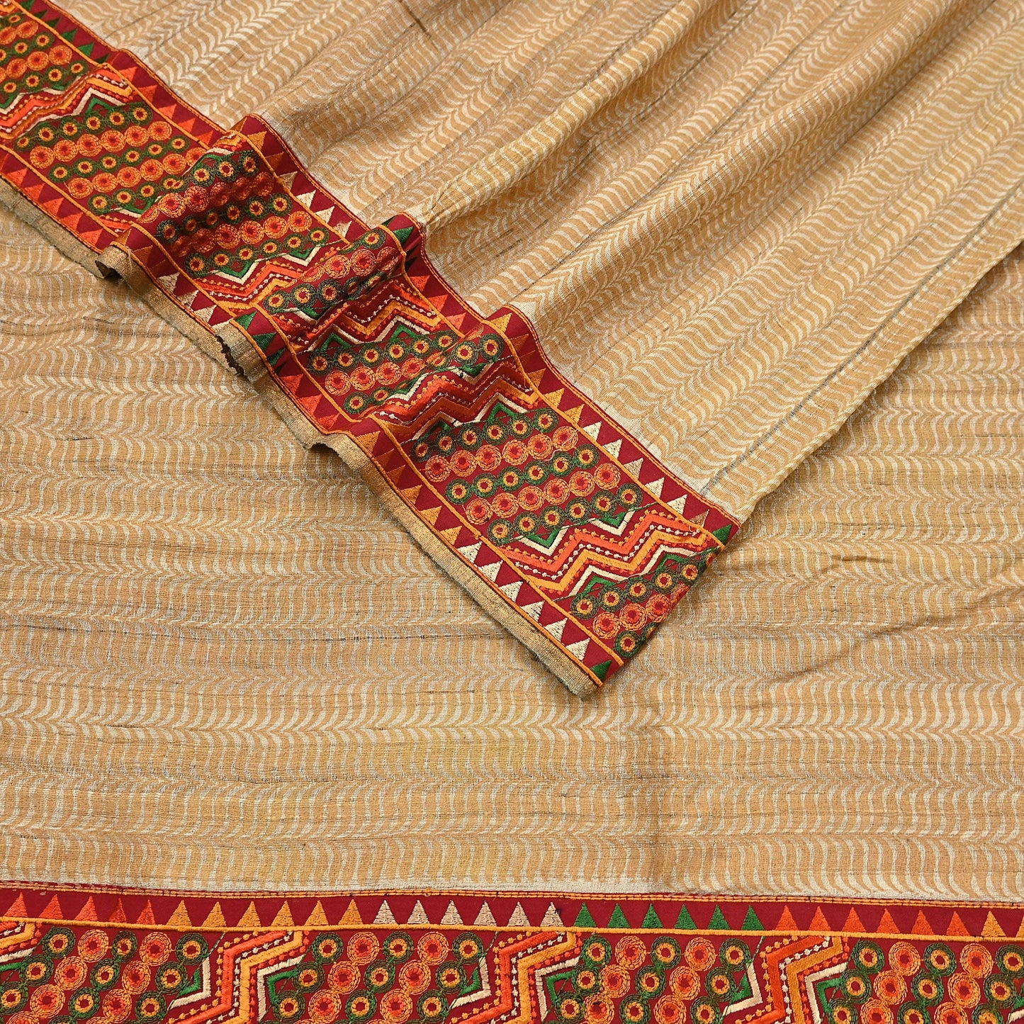 Indian Vintage Beige Saree Pure Khadi Silk Handloom Hand Beaded Sari Craft Fabric 5yd Ethnic Fringes Dress making Crafting Quilting