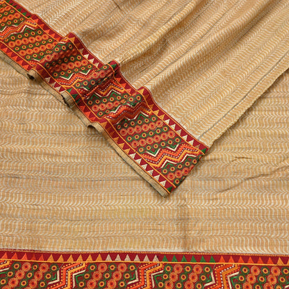 Indian Vintage Beige Saree Pure Khadi Silk Handloom Hand Beaded Sari Craft Fabric 5yd Ethnic Fringes Dress making Crafting Quilting