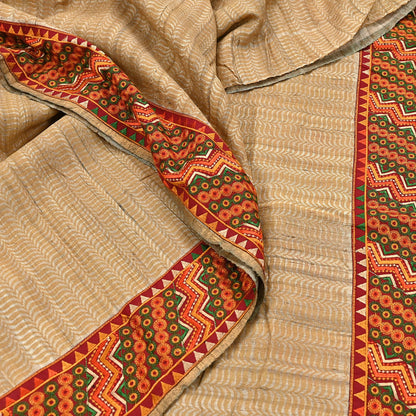 Indian Vintage Beige Saree Pure Khadi Silk Handloom Hand Beaded Sari Craft Fabric 5yd Ethnic Fringes Dress making Crafting Quilting