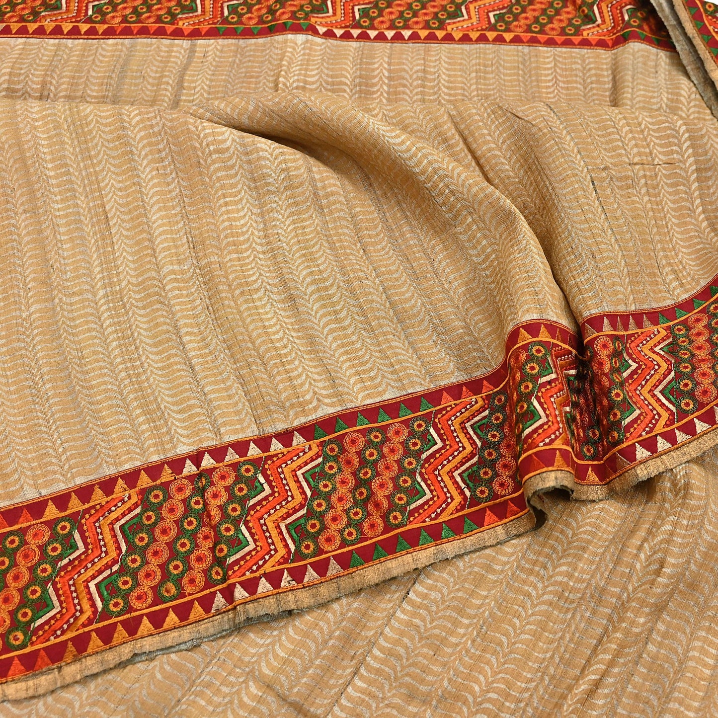 Indian Vintage Beige Saree Pure Khadi Silk Handloom Hand Beaded Sari Craft Fabric 5yd Ethnic Fringes Dress making Crafting Quilting