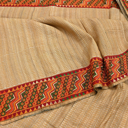 Indian Vintage Beige Saree Pure Khadi Silk Handloom Hand Beaded Sari Craft Fabric 5yd Ethnic Fringes Dress making Crafting Quilting