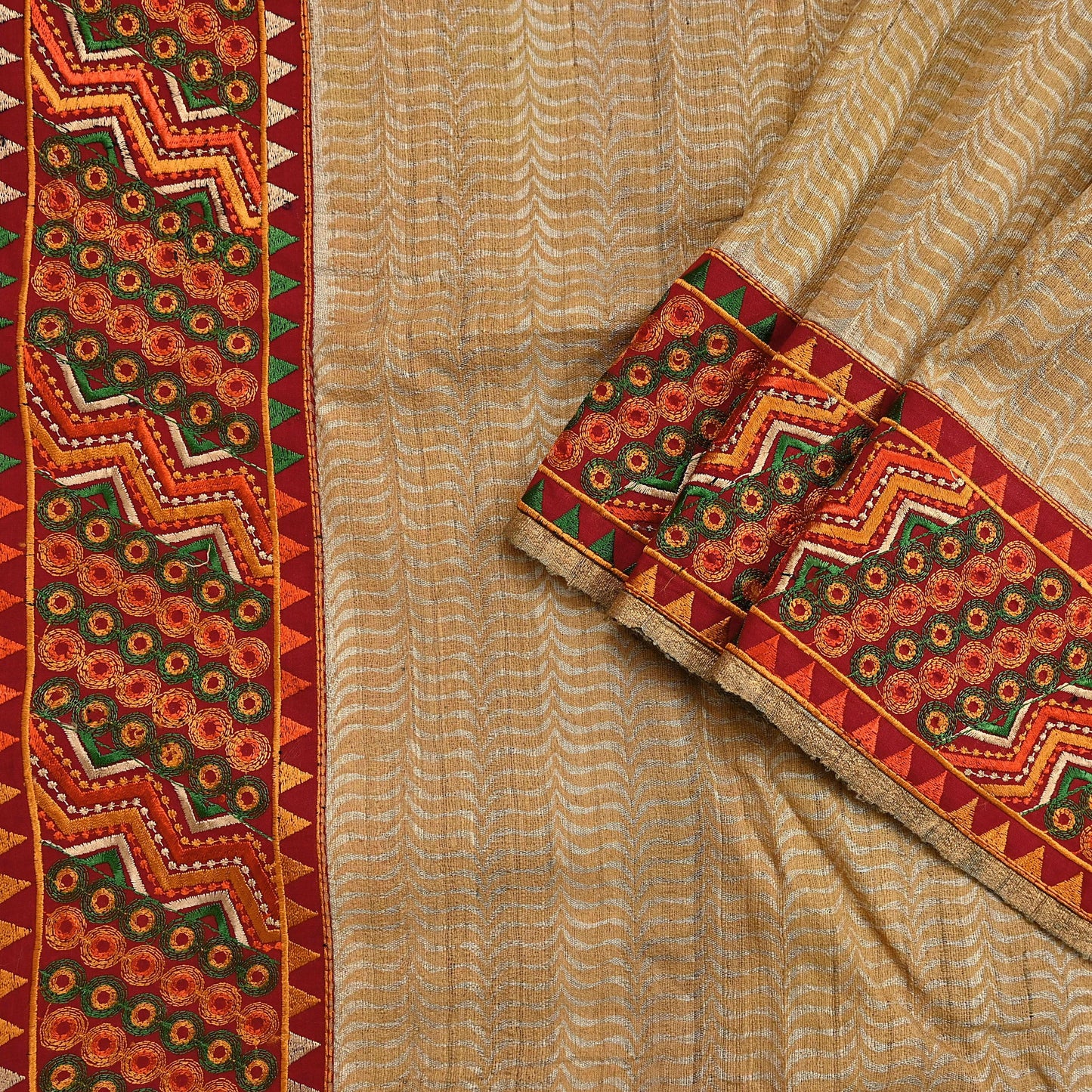 Indian Vintage Beige Saree Pure Khadi Silk Handloom Hand Beaded Sari Craft Fabric 5yd Ethnic Fringes Dress making Crafting Quilting