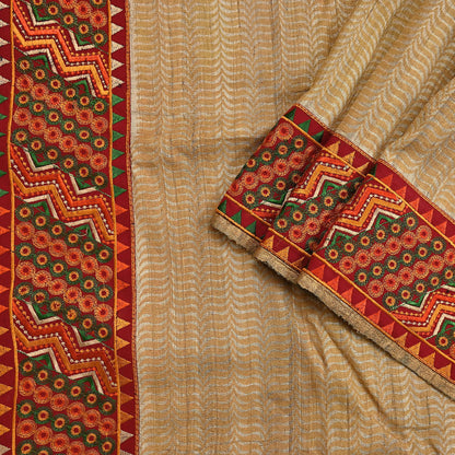 Indian Vintage Beige Saree Pure Khadi Silk Handloom Hand Beaded Sari Craft Fabric 5yd Ethnic Fringes Dress making Crafting Quilting