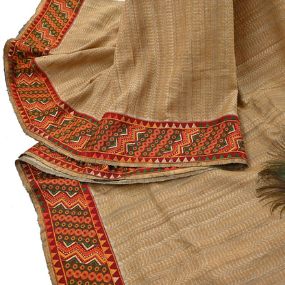 Indian Vintage Beige Saree Pure Khadi Silk Handloom Hand Beaded Sari Craft Fabric 5yd Ethnic Fringes Dress making Crafting Quilting