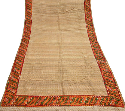 Indian Vintage Beige Saree Pure Khadi Silk Handloom Hand Beaded Sari Craft Fabric 5yd Ethnic Fringes Dress making Crafting Quilting