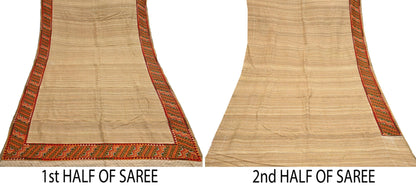 Indian Vintage Beige Saree Pure Khadi Silk Handloom Hand Beaded Sari Craft Fabric 5yd Ethnic Fringes Dress making Crafting Quilting