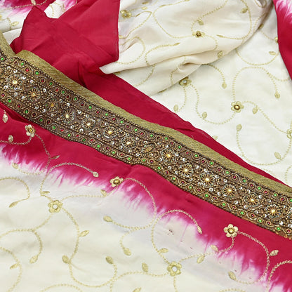 Indian Vintage Ivory & Red Saree Pure Crepe Silk Hand Embroidered Sari Craft Fabric 6Yd Sewing Soft Zari Dress making
