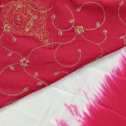 Indian Vintage Ivory & Red Saree Pure Crepe Silk Hand Embroidered Sari Craft Fabric 6Yd Sewing Soft Zari Dress making