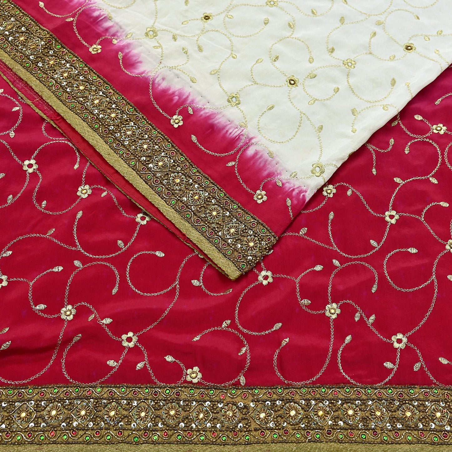 Indian Vintage Ivory & Red Saree Pure Crepe Silk Hand Embroidered Sari Craft Fabric 6Yd Sewing Soft Zari Dress making