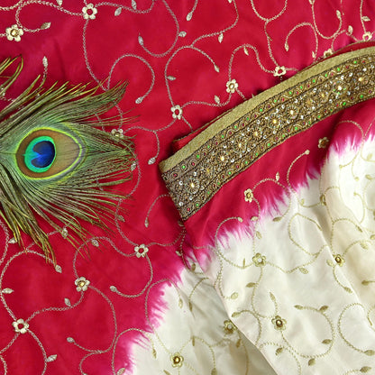 Indian Vintage Ivory & Red Saree Pure Crepe Silk Hand Embroidered Sari Craft Fabric 6Yd Sewing Soft Zari Dress making