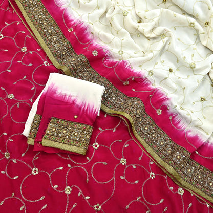 Indian Vintage Ivory & Red Saree Pure Crepe Silk Hand Embroidered Sari Craft Fabric 6Yd Sewing Soft Zari Dress making