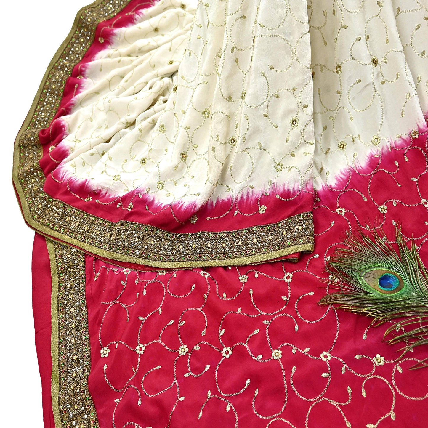 Indian Vintage Ivory & Red Saree Pure Crepe Silk Hand Embroidered Sari Craft Fabric 6Yd Sewing Soft Zari Dress making