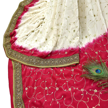 Indian Vintage Ivory & Red Saree Pure Crepe Silk Hand Embroidered Sari Craft Fabric 6Yd Sewing Soft Zari Dress making