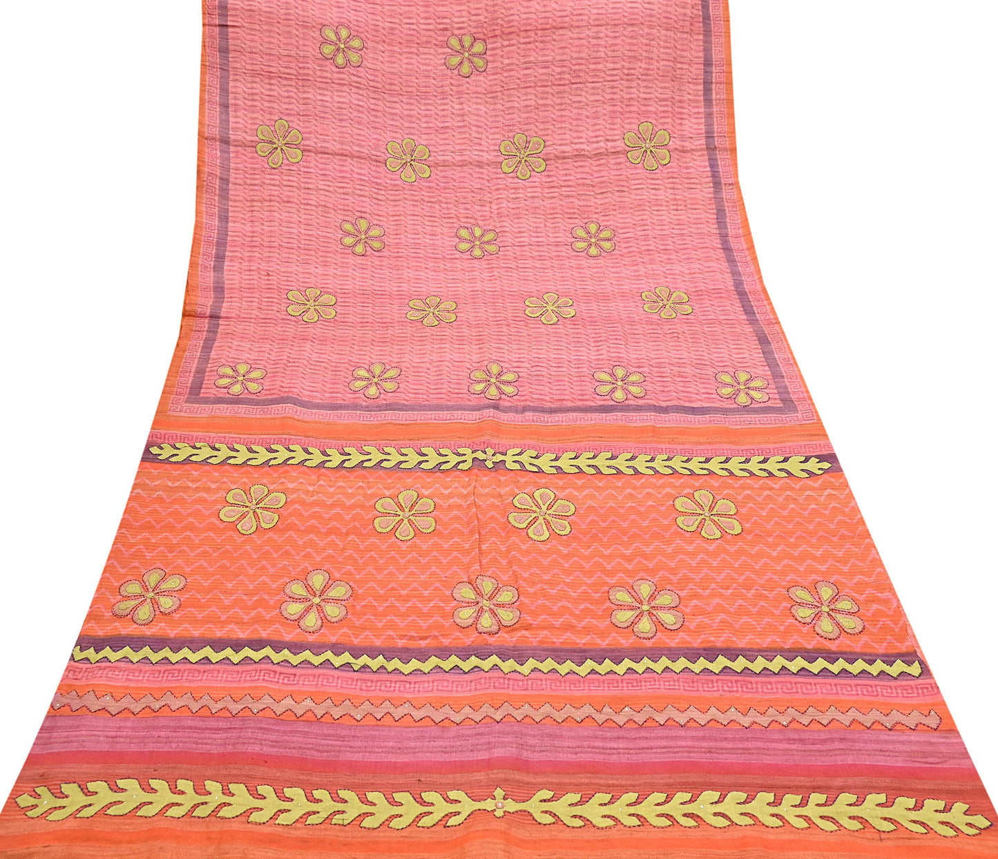 Indian Vintage Saree Peach & Orange Pure Khadi Silk Handloom Hand Beaded Sari Fabric 6yard Ethnic Dressmaking Crafting Upcycle Quilting