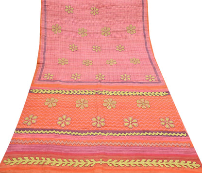 Indian Vintage Saree Peach & Orange Pure Khadi Silk Handloom Hand Beaded Sari Fabric 6yard Ethnic Dressmaking Crafting Upcycle Quilting