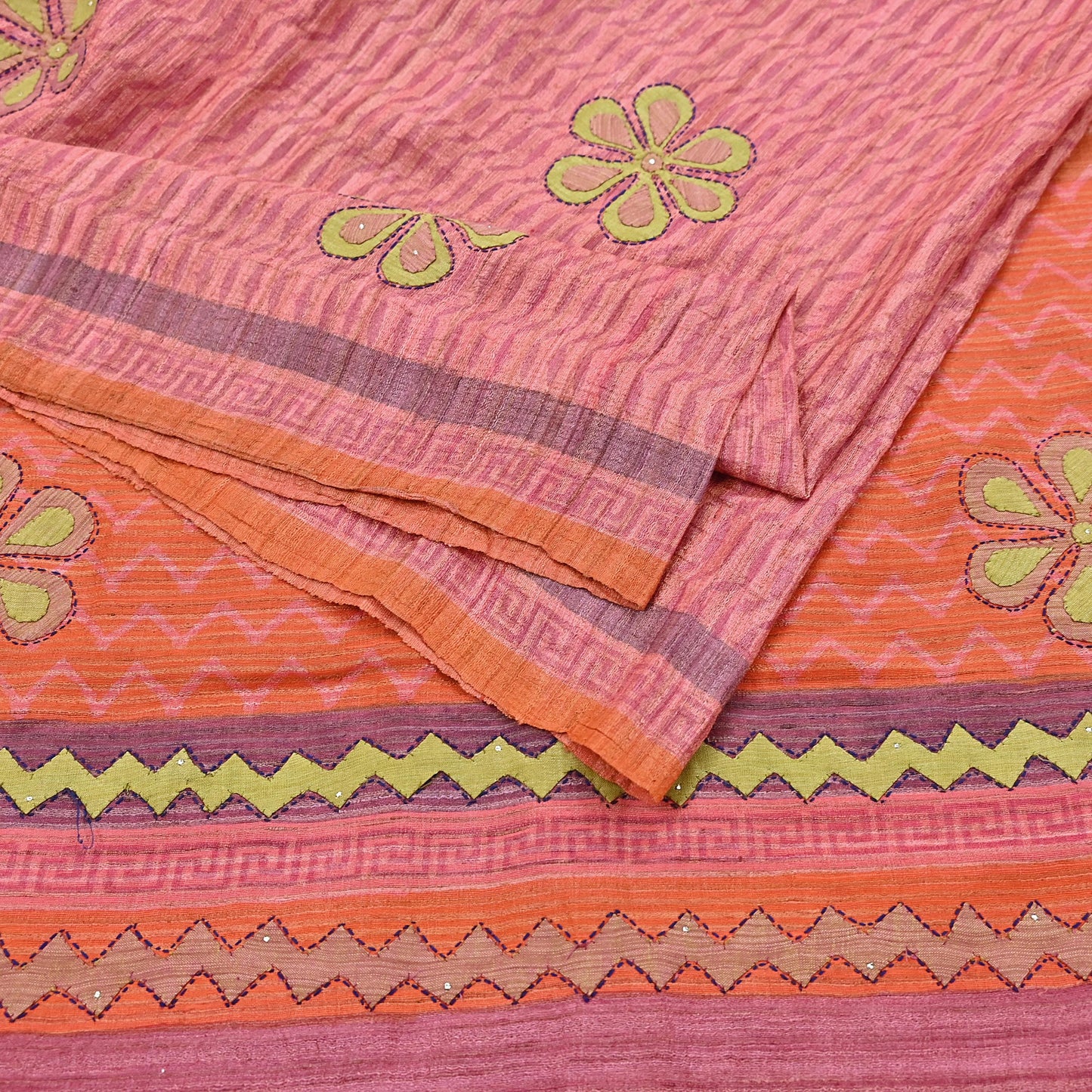 Indian Vintage Saree Peach & Orange Pure Khadi Silk Handloom Hand Beaded Sari Fabric 6yard Ethnic Dressmaking Crafting Upcycle Quilting