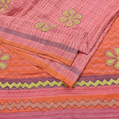 Indian Vintage Saree Peach & Orange Pure Khadi Silk Handloom Hand Beaded Sari Fabric 6yard Ethnic Dressmaking Crafting Upcycle Quilting