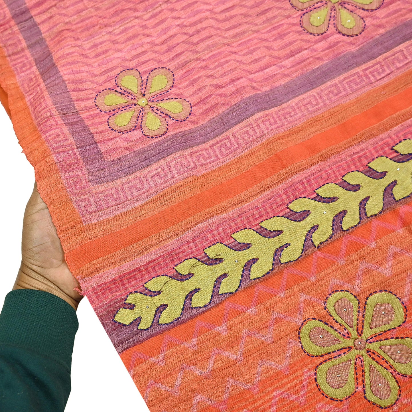 Indian Vintage Saree Peach & Orange Pure Khadi Silk Handloom Hand Beaded Sari Fabric 6yard Ethnic Dressmaking Crafting Upcycle Quilting