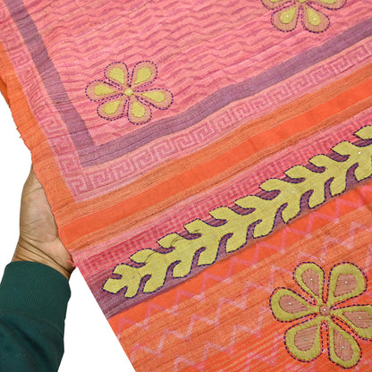 Indian Vintage Saree Peach & Orange Pure Khadi Silk Handloom Hand Beaded Sari Fabric 6yard Ethnic Dressmaking Crafting Upcycle Quilting