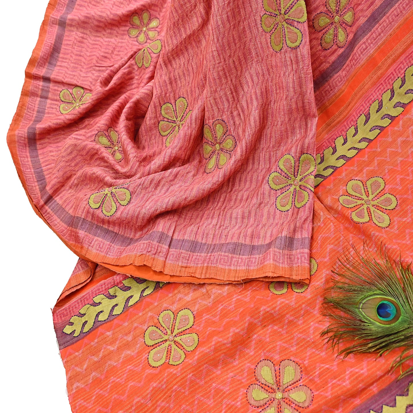 Indian Vintage Saree Peach & Orange Pure Khadi Silk Handloom Hand Beaded Sari Fabric 6yard Ethnic Dressmaking Crafting Upcycle Quilting