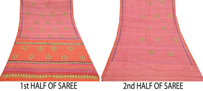 Indian Vintage Saree Peach & Orange Pure Khadi Silk Handloom Hand Beaded Sari Fabric 6yard Ethnic Dressmaking Crafting Upcycle Quilting