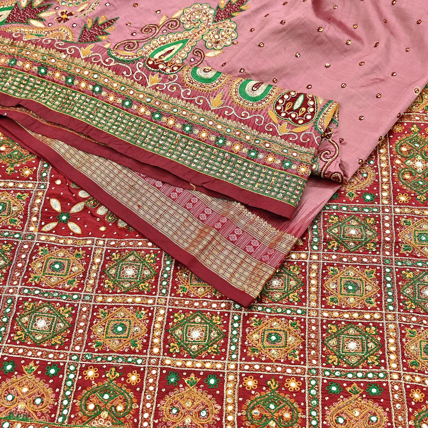 Indian Vintage Kanjivaram Saree Heavy Hand Embroidered Pure Silk Peach & Red Bridal Fabric 5 Yards Dress Making Bollywood Sarees