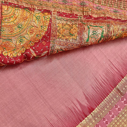 Indian Vintage Kanjivaram Saree Heavy Hand Embroidered Pure Silk Peach & Red Bridal Fabric 5 Yards Dress Making Bollywood Sarees