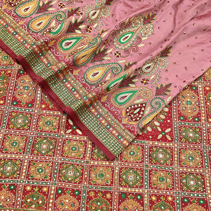 Indian Vintage Kanjivaram Saree Heavy Hand Embroidered Pure Silk Peach & Red Bridal Fabric 5 Yards Dress Making Bollywood Sarees