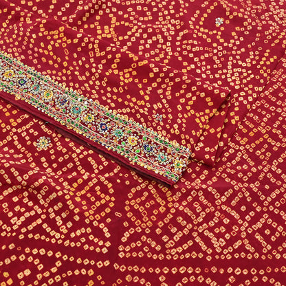 Indian Vintage Maroon Saree Hand Embroidered Bandhani Printed Sari 100% Pure Crepe Silk Indian Sari Fabric 5yard Soft Craft Fabric Beaded