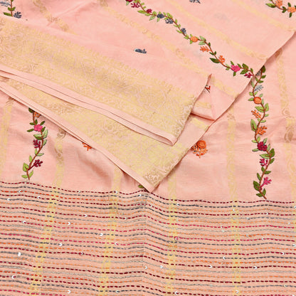 Indian Vintage Heavy Peach Saree Blend Cotton Hand Embroidered Sari Craft Fabric 6yd Soft Zari Sequins Sewing Dress making Wedding Sari