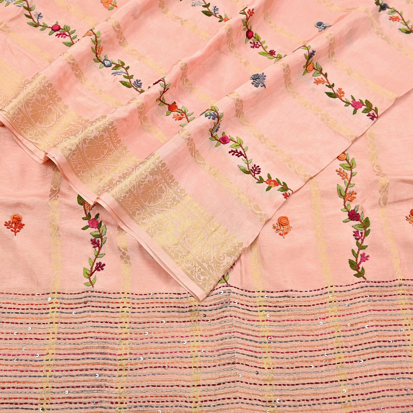 Indian Vintage Heavy Peach Saree Blend Cotton Hand Embroidered Sari Craft Fabric 6yd Soft Zari Sequins Sewing Dress making Wedding Sari