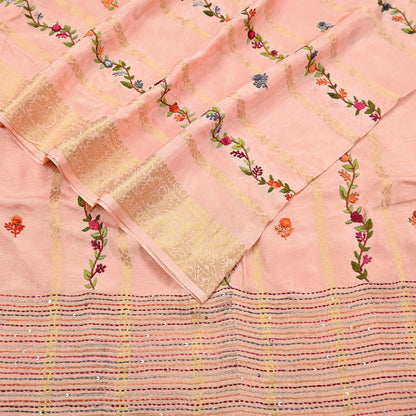 Indian Vintage Heavy Peach Saree Blend Cotton Hand Embroidered Sari Craft Fabric 6yd Soft Zari Sequins Sewing Dress making Wedding Sari