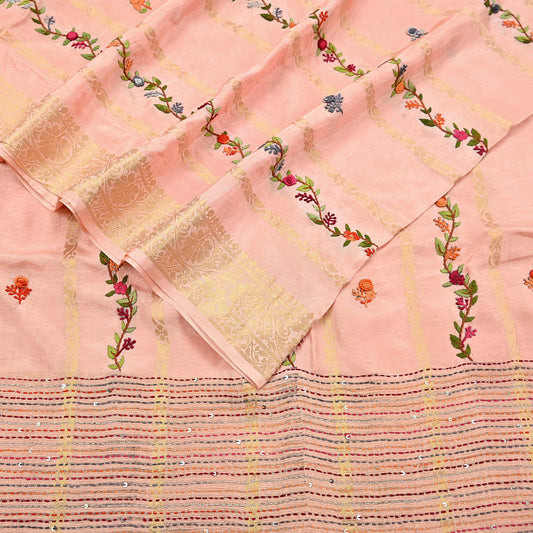 Indian Vintage Heavy Peach Saree Blend Cotton Hand Embroidered Sari Craft Fabric 6yd Soft Zari Sequins Sewing Dress making Wedding Sari