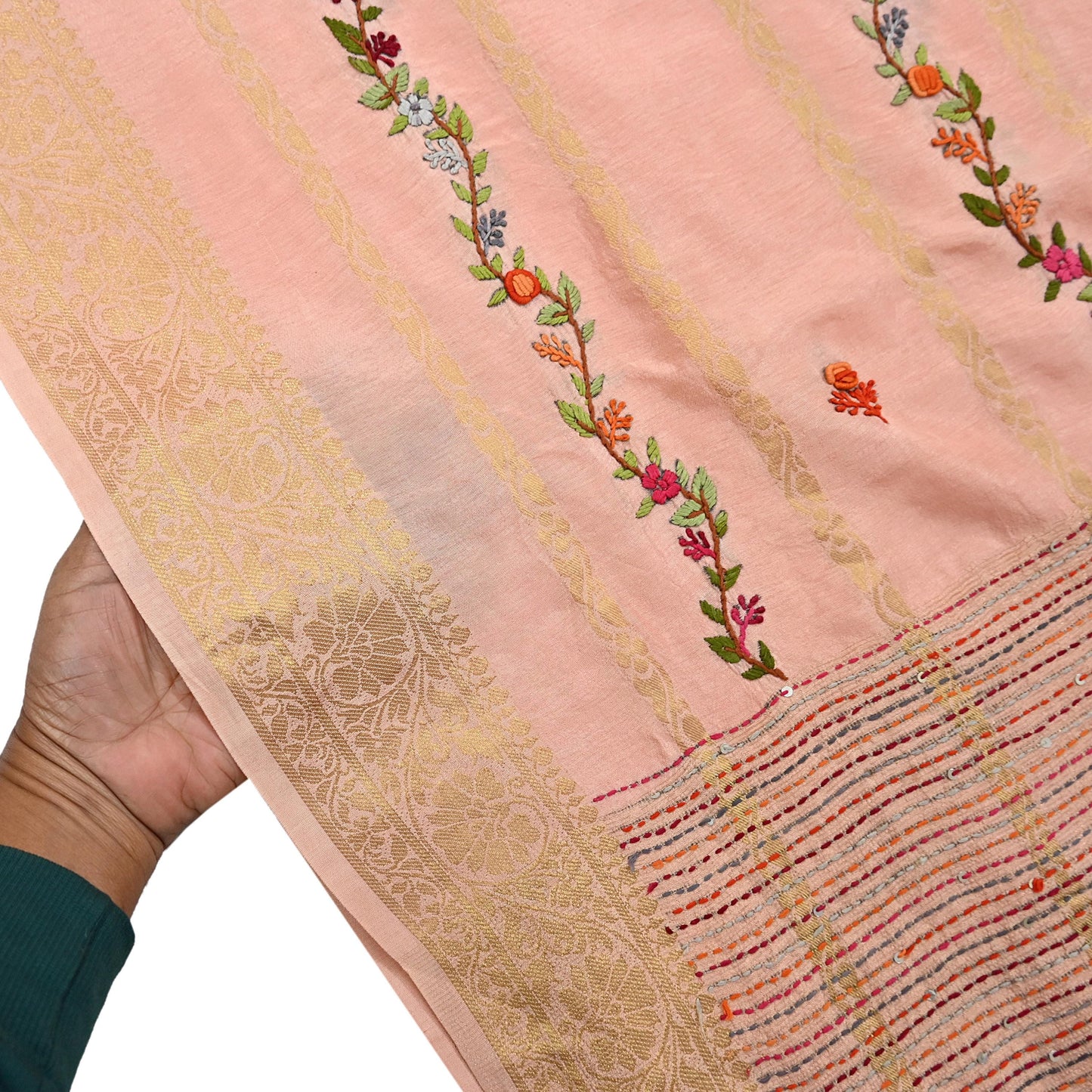 Indian Vintage Heavy Peach Saree Blend Cotton Hand Embroidered Sari Craft Fabric 6yd Soft Zari Sequins Sewing Dress making Wedding Sari