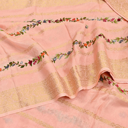 Indian Vintage Heavy Peach Saree Blend Cotton Hand Embroidered Sari Craft Fabric 6yd Soft Zari Sequins Sewing Dress making Wedding Sari