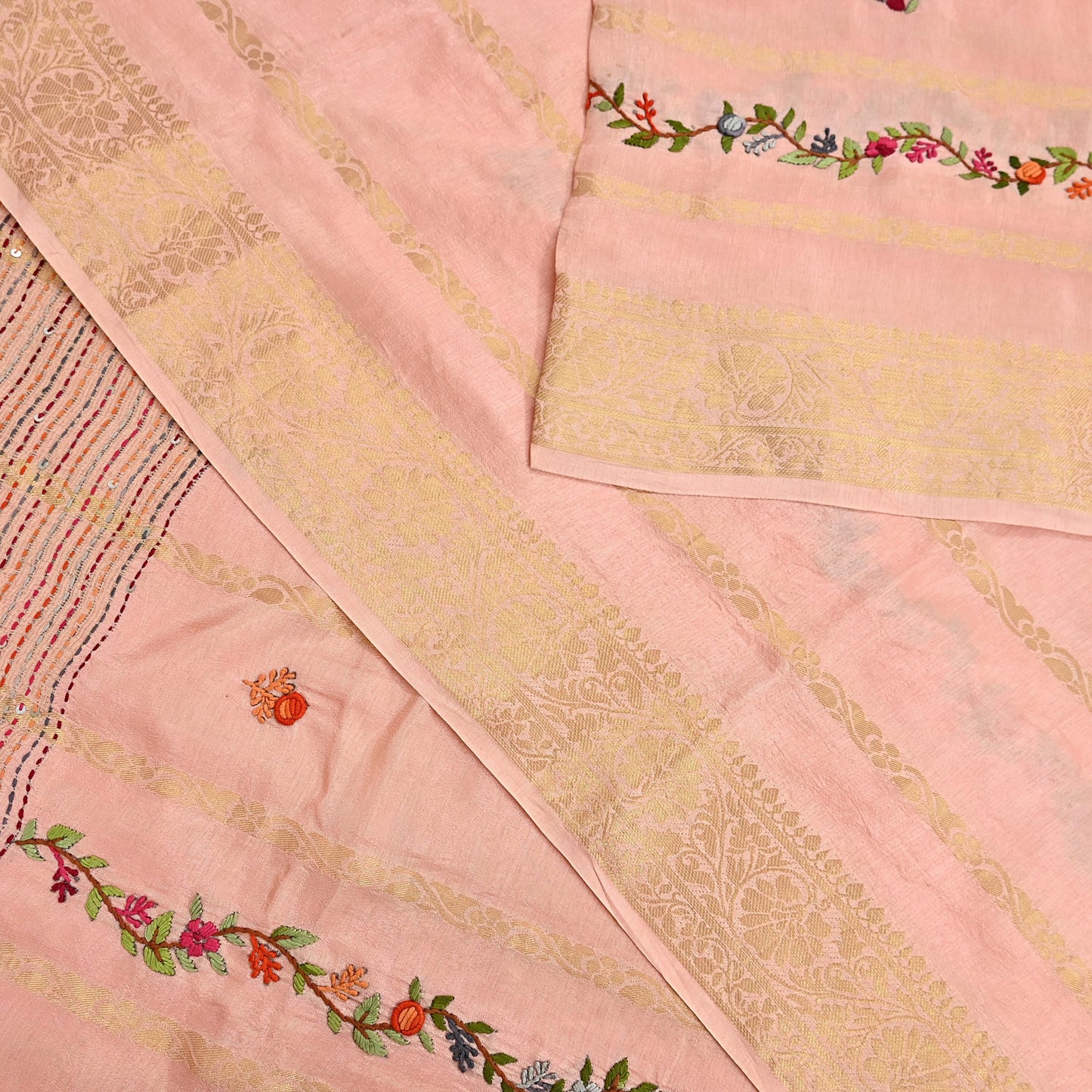 Indian Vintage Heavy Peach Saree Blend Cotton Hand Embroidered Sari Craft Fabric 6yd Soft Zari Sequins Sewing Dress making Wedding Sari