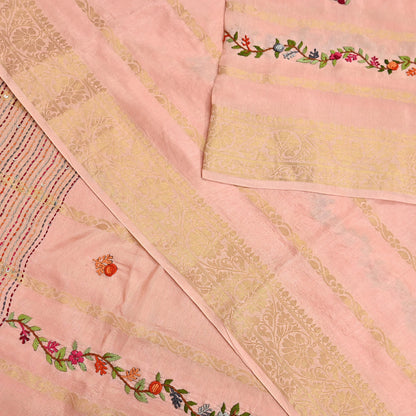 Indian Vintage Heavy Peach Saree Blend Cotton Hand Embroidered Sari Craft Fabric 6yd Soft Zari Sequins Sewing Dress making Wedding Sari