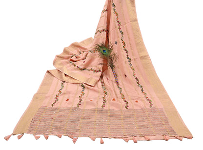 Indian Vintage Heavy Peach Saree Blend Cotton Hand Embroidered Sari Craft Fabric 6yd Soft Zari Sequins Sewing Dress making Wedding Sari