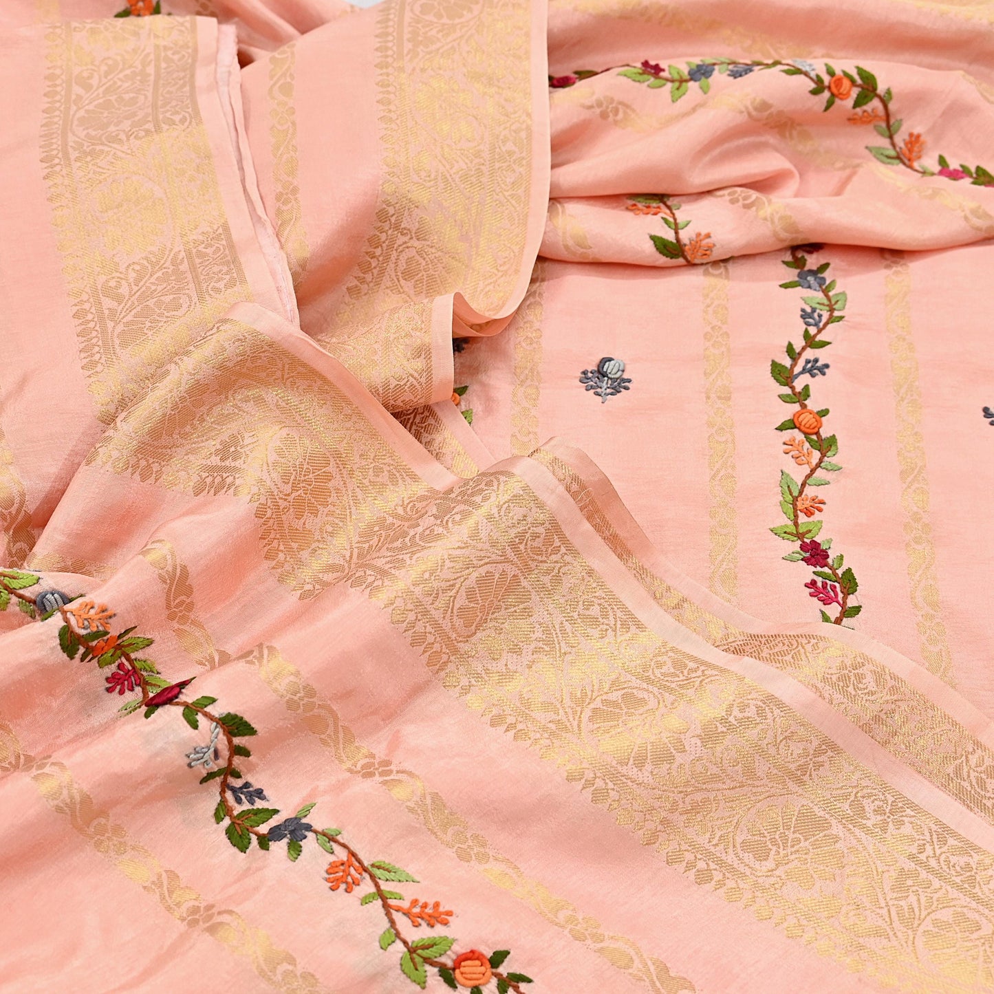 Indian Vintage Heavy Peach Saree Blend Cotton Hand Embroidered Sari Craft Fabric 6yd Soft Zari Sequins Sewing Dress making Wedding Sari