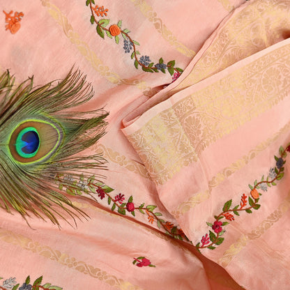 Indian Vintage Heavy Peach Saree Blend Cotton Hand Embroidered Sari Craft Fabric 6yd Soft Zari Sequins Sewing Dress making Wedding Sari