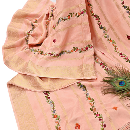 Indian Vintage Heavy Peach Saree Blend Cotton Hand Embroidered Sari Craft Fabric 6yd Soft Zari Sequins Sewing Dress making Wedding Sari