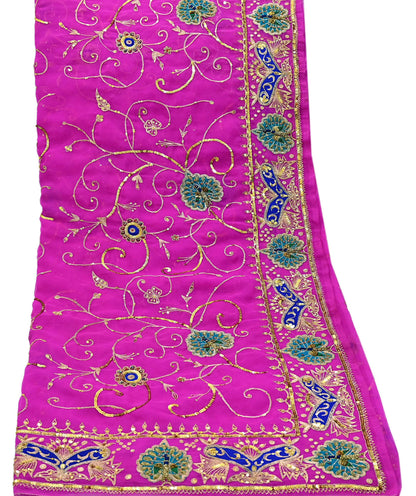 Indian Vintage Bridal Heavy Magenta Dupatta American Georgette  Hand Embroidered Rajputi Odhani Scarves Zari Zardozi Bollywood Wedding
