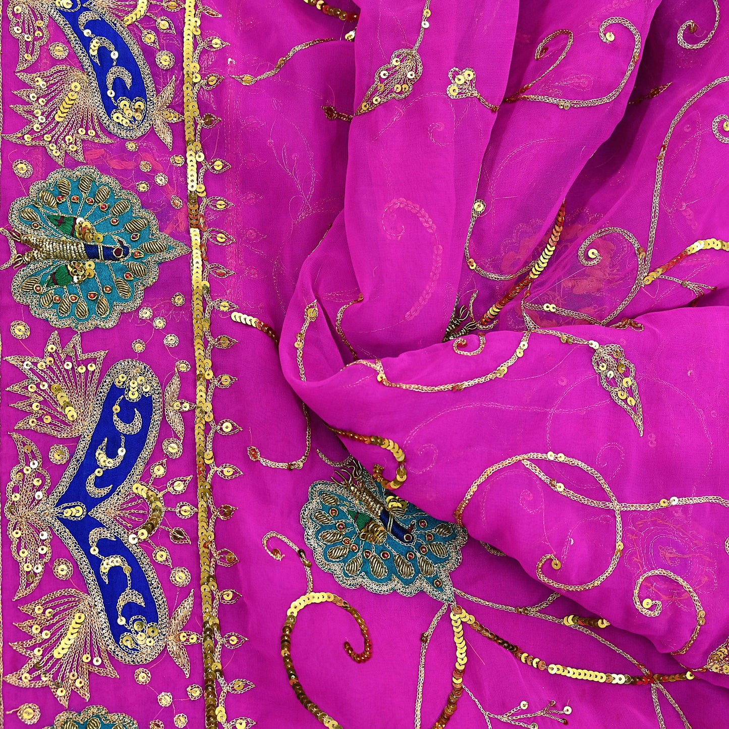 Indian Vintage Bridal Heavy Magenta Dupatta American Georgette  Hand Embroidered Rajputi Odhani Scarves Zari Zardozi Bollywood Wedding