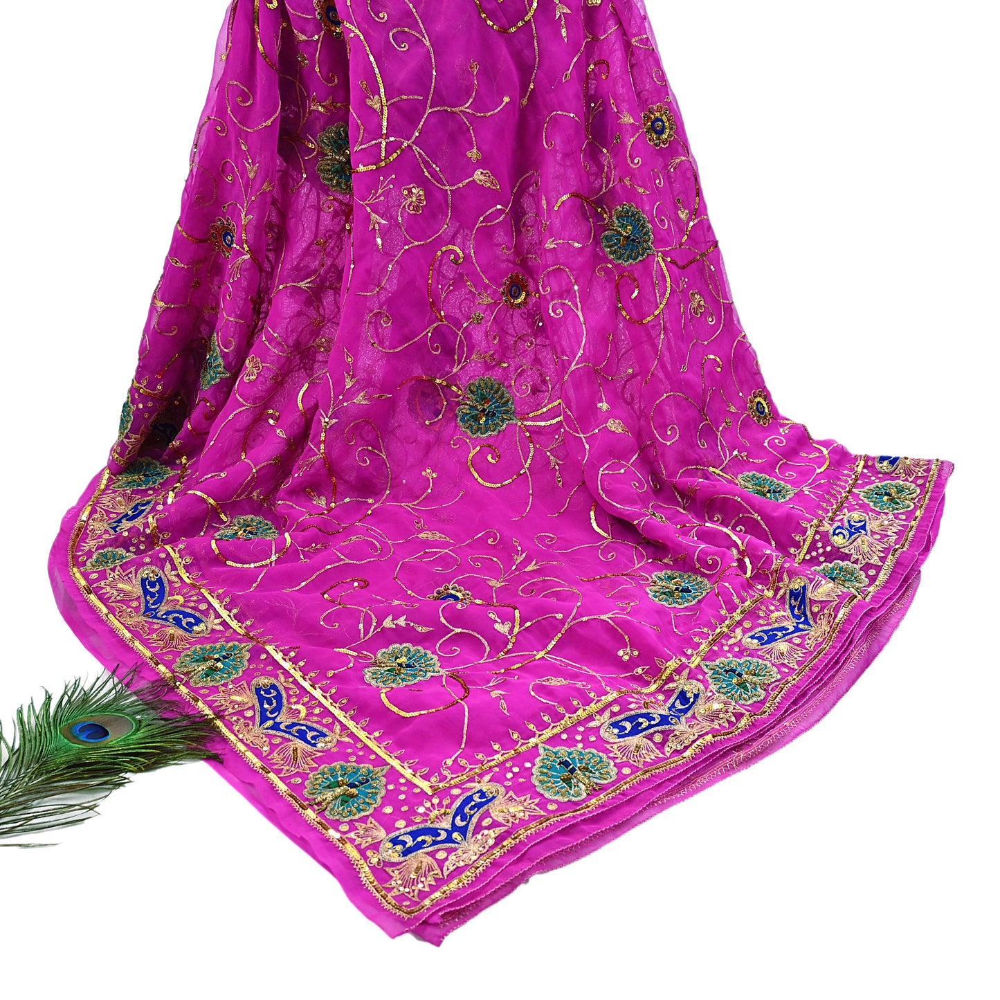Indian Vintage Bridal Heavy Magenta Dupatta American Georgette  Hand Embroidered Rajputi Odhani Scarves Zari Zardozi Bollywood Wedding