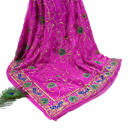 Indian Vintage Bridal Heavy Magenta Dupatta American Georgette  Hand Embroidered Rajputi Odhani Scarves Zari Zardozi Bollywood Wedding