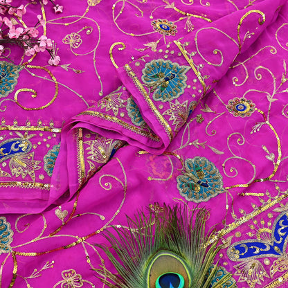 Indian Vintage Bridal Heavy Magenta Dupatta American Georgette  Hand Embroidered Rajputi Odhani Scarves Zari Zardozi Bollywood Wedding