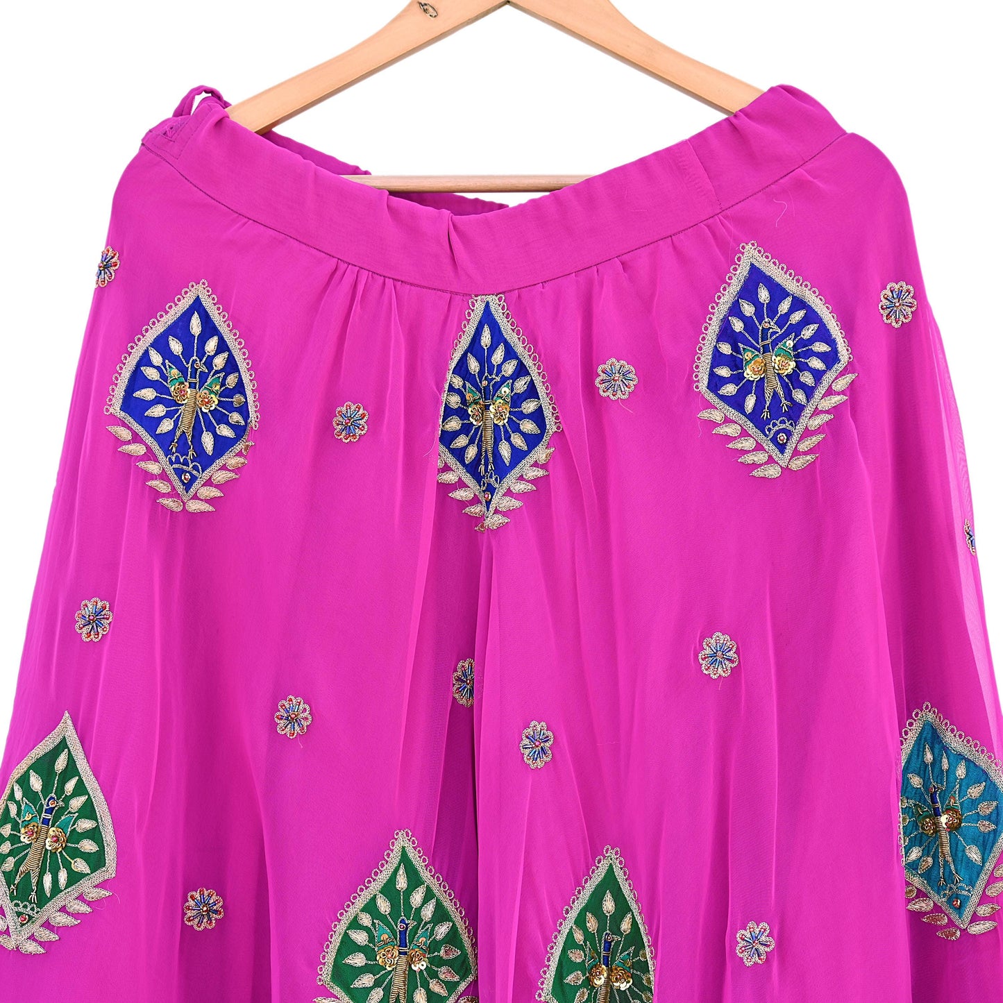 Indian Vintage Magenta American Georgette Hand Embroidered Rajputi Phoshak Lehenga/ Skirt Bridal Party Wear Peacock Design Zari